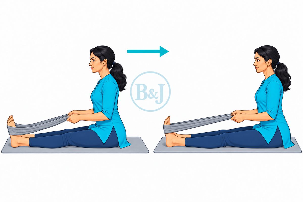 Towel calf stretch, sitting